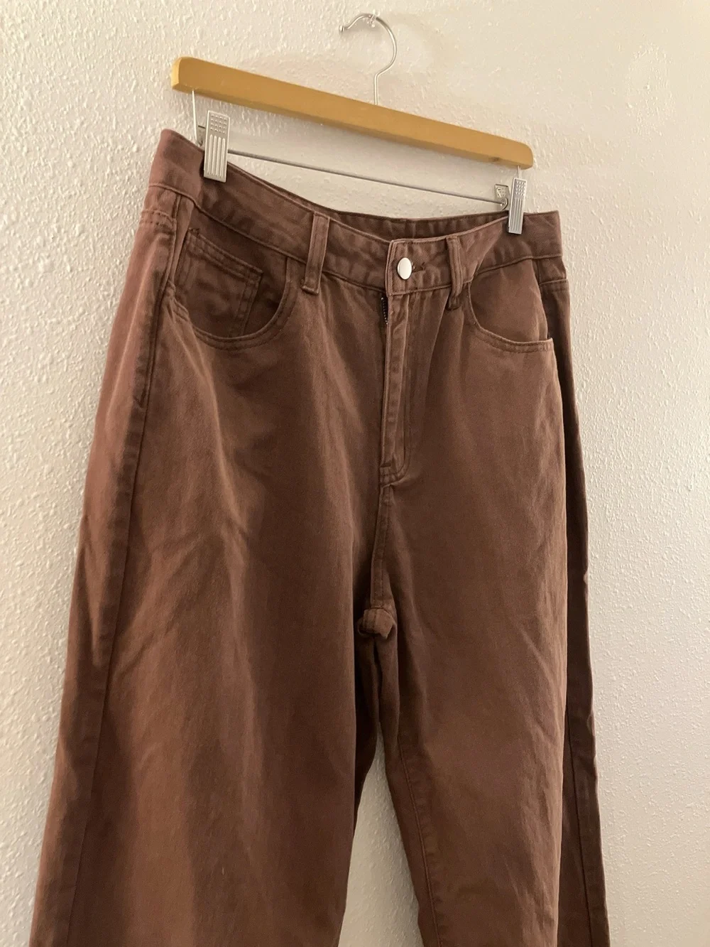 SHEIN Wide-Leg Mid-Rise Denim Jeans Raw Hem Coffee Brown Stretch Size 8/10